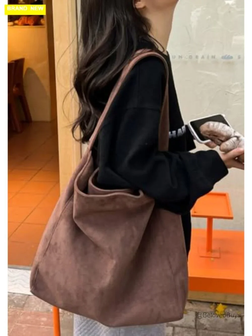 Large Faux Suede Slouchy Tote Bag Shoulder Bag Work Handbag
